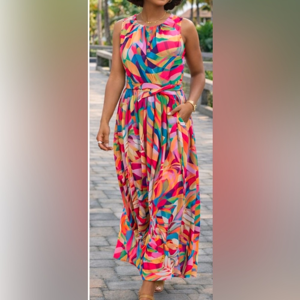 London Times Multicolor Abstract Print Dress Sleeveless Tropical Floral Dress